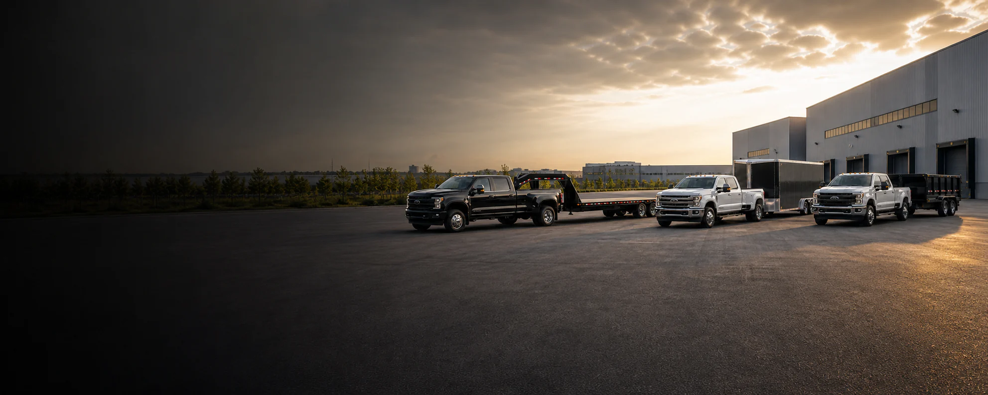 Camion double roue avec remorque gooseneck, deux Ford F-250 avec remorque fermée et remorque dompeur dans un paysage industriel